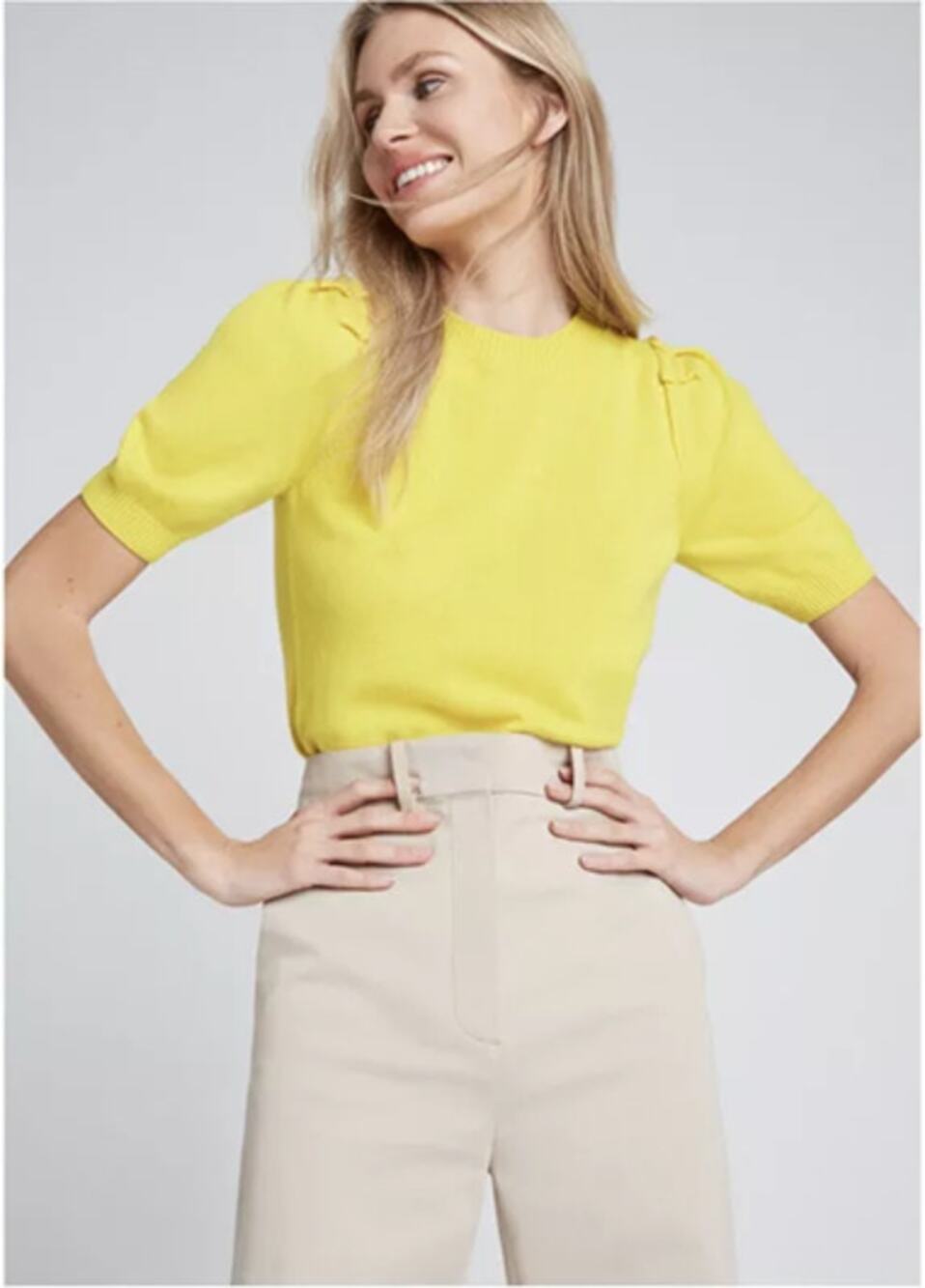 G LABEL by Goop Womens Shelby Sweater Top Cashmere Puff Sleeve Yellow Size M